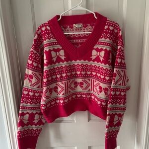 Poof! Bright Pink and Cream Fair Isle V-Neck Sweater